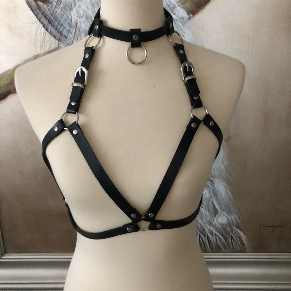 Black Leather Like Choker Chest Harness Halloween Or Rocky Horror